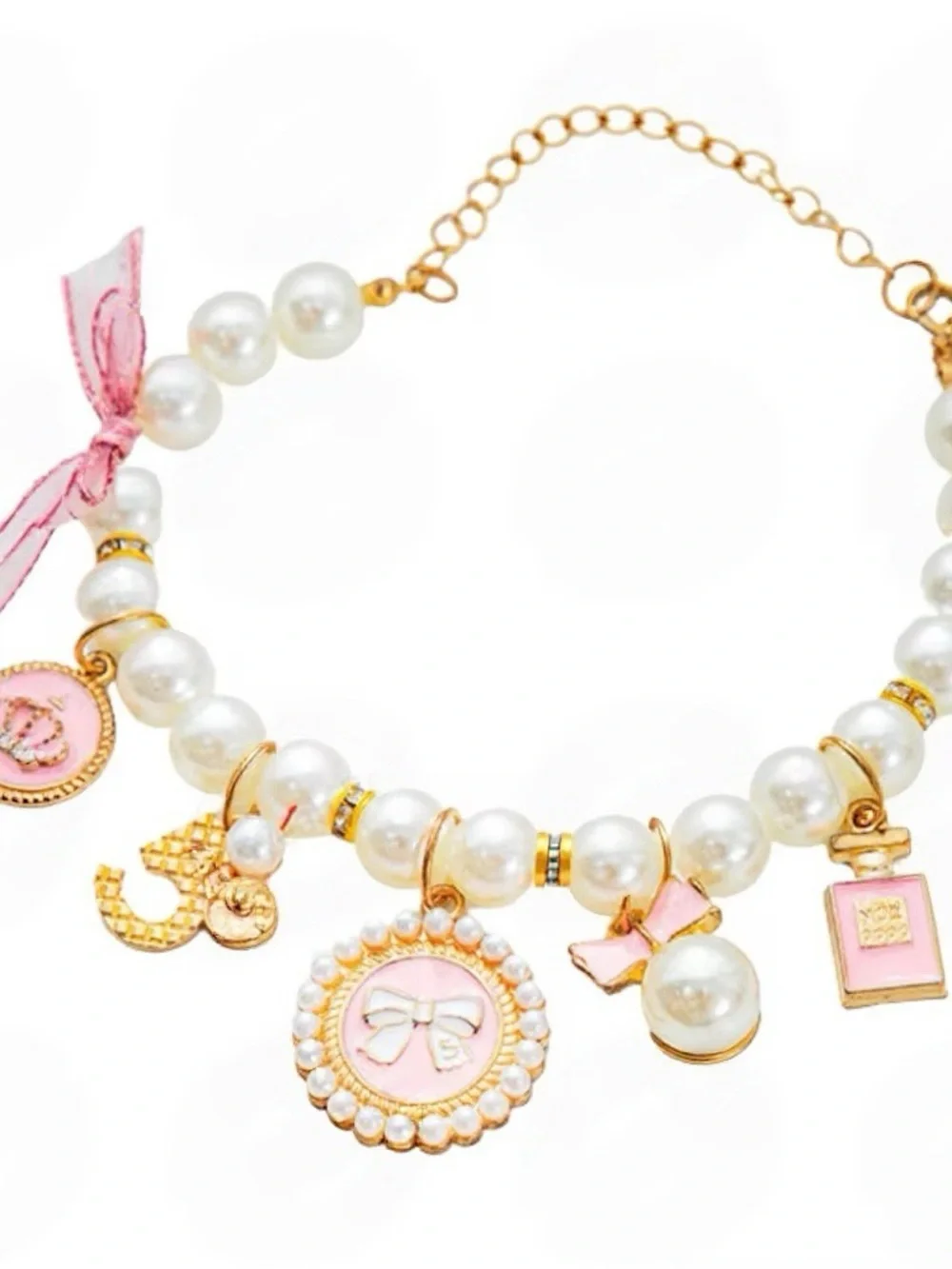 Cute Pearl Dog Cat Collar Necklace Pink and Gold Charms Pet Jewelry Adjustable